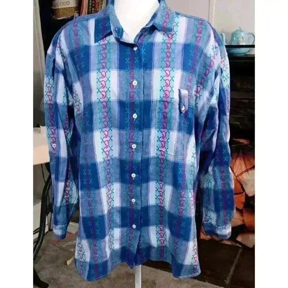 Khazana (22W) Vintage Blouse Plus Blue Red Plaid Paisley 100% Cotton 1992‎